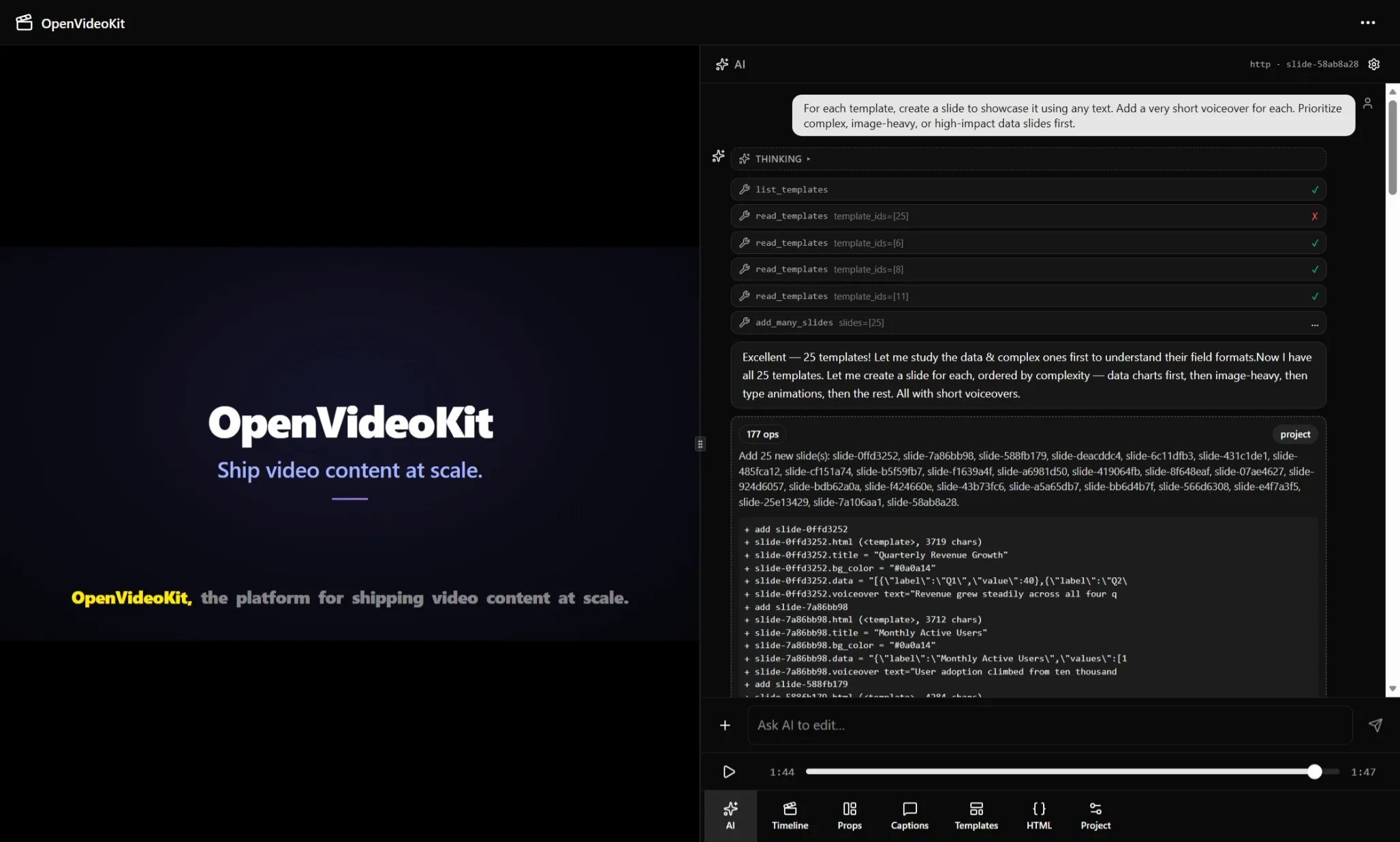 OpenVideoKit editor showing the AI prompt that generated the demo video.
